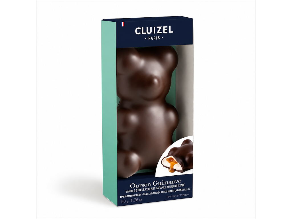 Cluizel Skumbamse m. chokoladeovertræk og karamelovertræk, 50g.