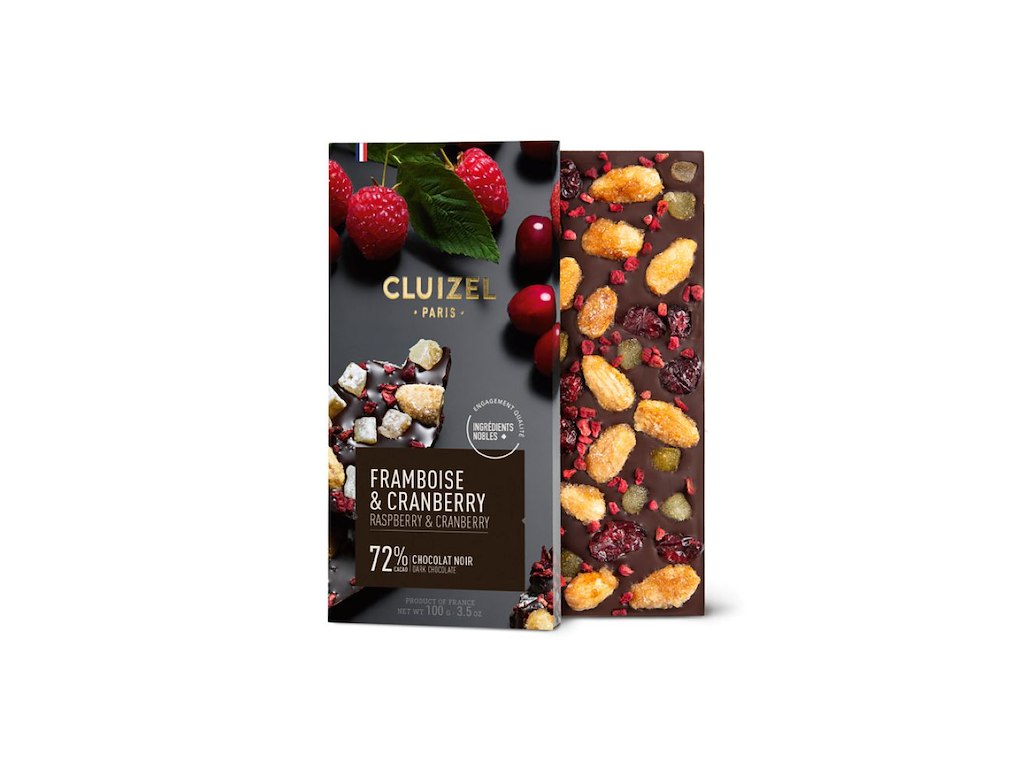 Cluizel Mørk 72% m. tørret frugt, citronskal og karamelliserede mandler, 100g