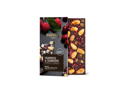 Cluizel Mørk 72% m. tørret frugt, citronskal og karamelliserede mandler, 100g